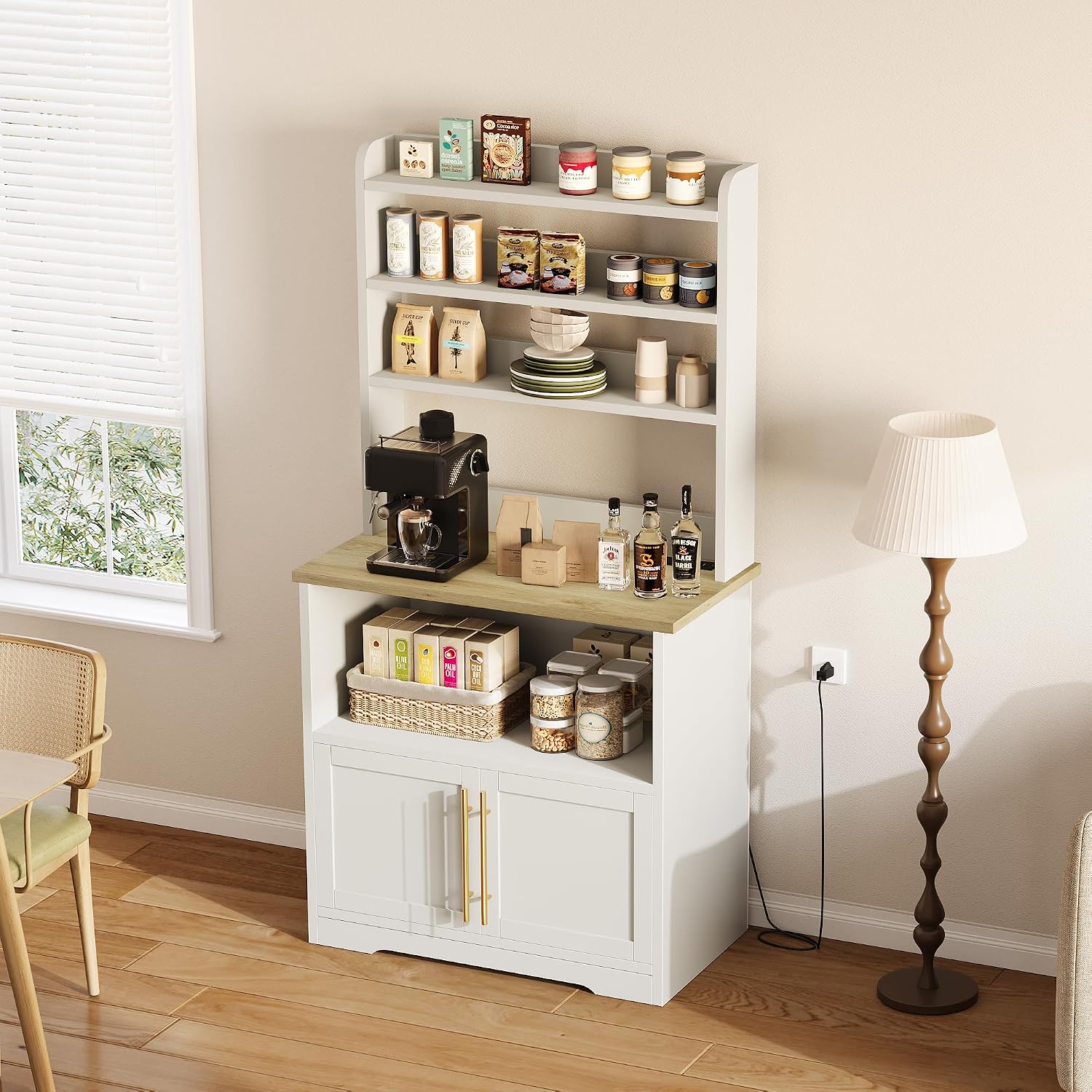 TrailBlaze Farmhouse Bakers Rack – Storage Cabinet & Thick Tabletop – Coffee Bar & Microwave Stand – Power Outlets & USB – Color: White Wood, US Standard Power