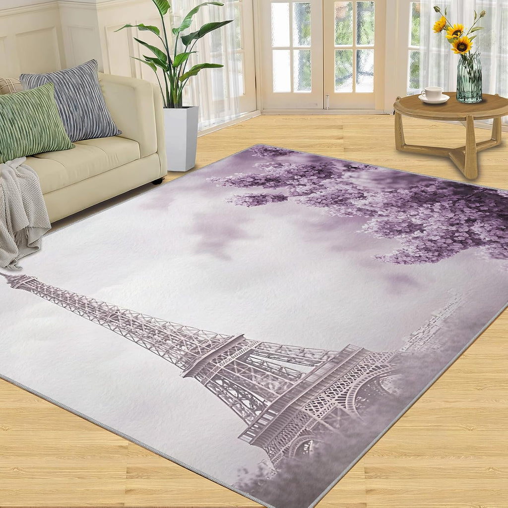 Eiffel Tower Rug 6x8, Parisian Style Rugs for Bedroom, Purple Flowers Rugs for Living Room, Washable Area Rug for Boys Girls Bedroom, Low Pile & Non Slip Carpet