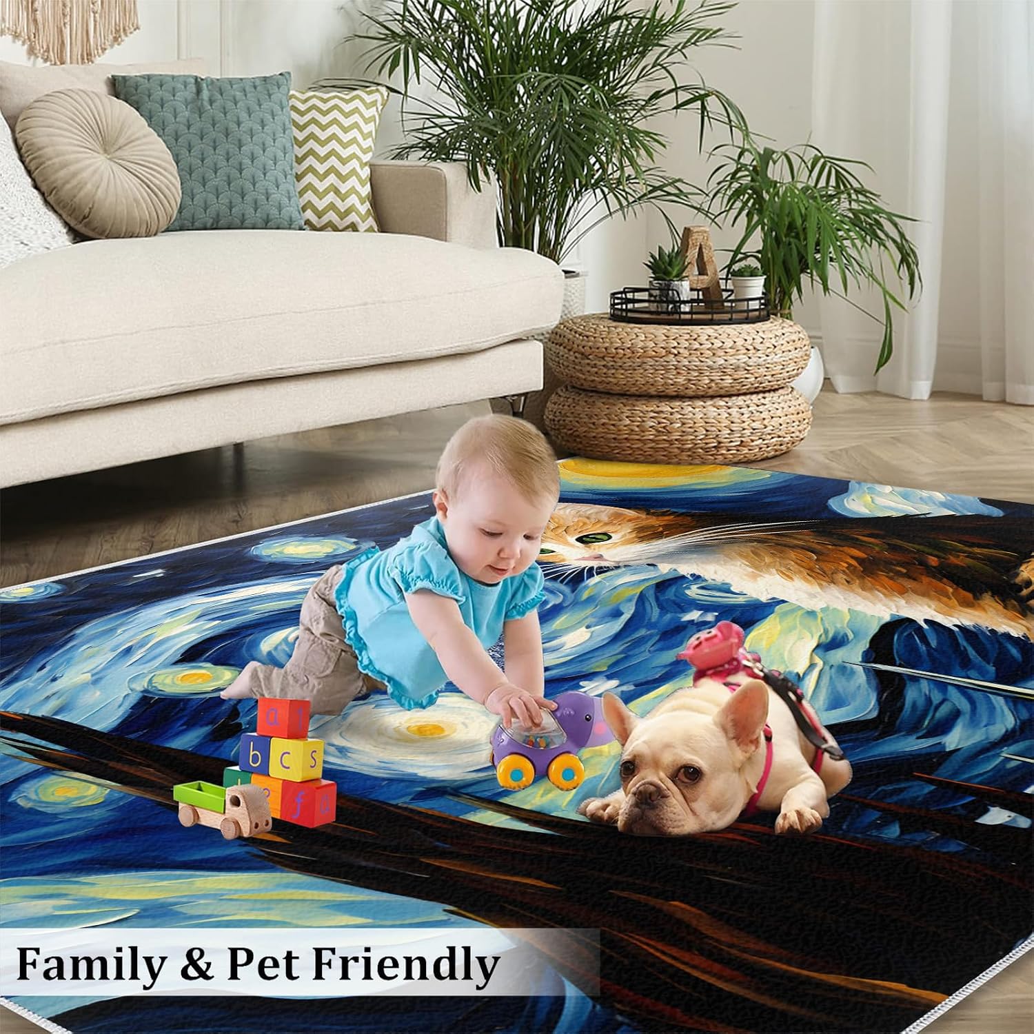 6x8 Area Rug - Starry Sky Cat Large Rugs for Living Room, Post-Impressionist Art Painting Carpet Area Rug for Girls Bedroom Kids Room Basement Office Classroom