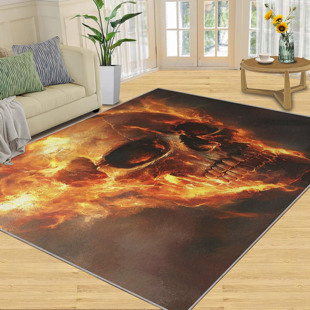 Flaming Skull Area Rug 6x8 - Horror Skull Large Rugs for Living Room, Terrifying Skeleton Carpet Area Rug for Girls Bedroom Kids Room Basement Office Classroom