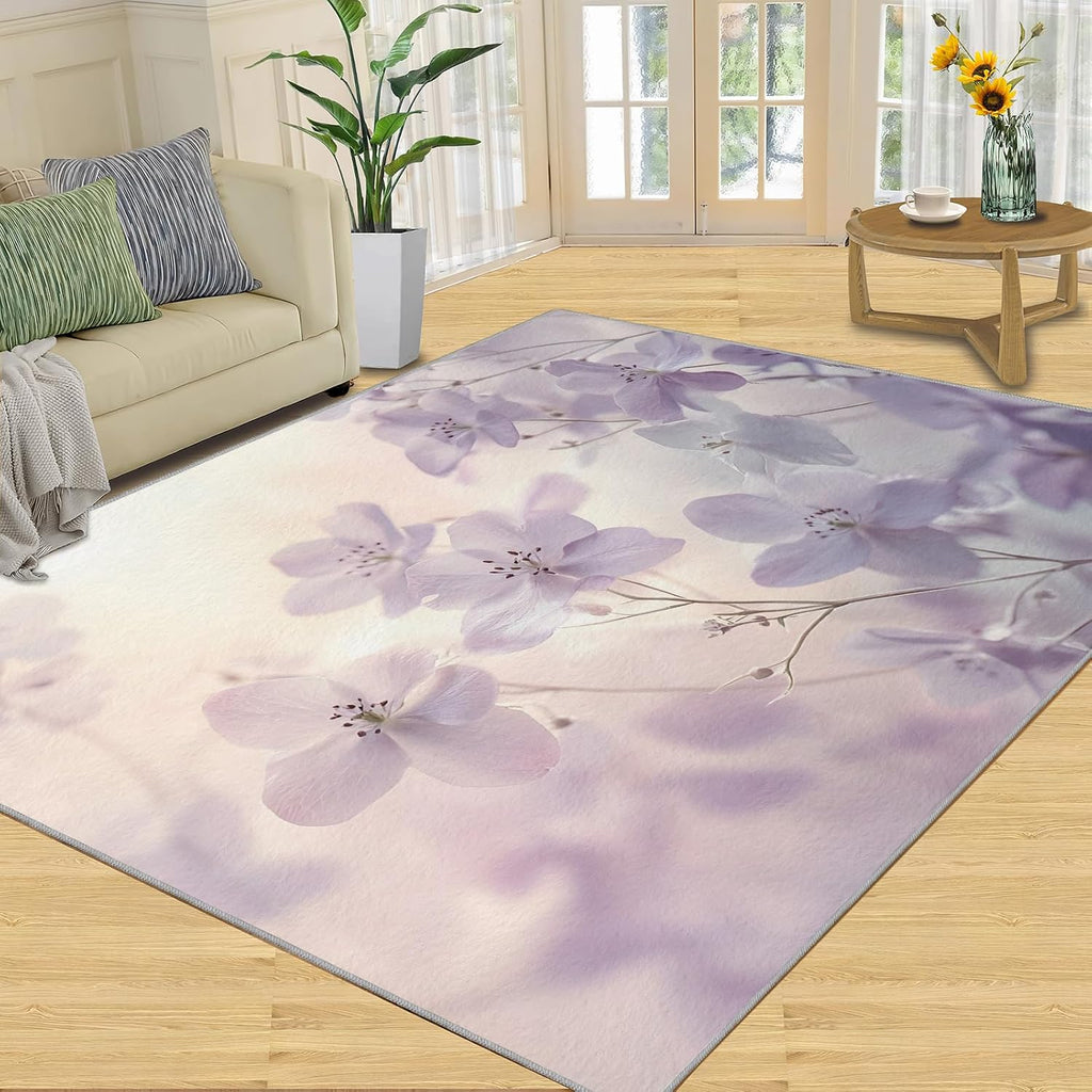 Lilac Flowers Area Rug, Simple Flowers Large Area Rugs, Non Slip Living Room Rugs for Bedroom Kitchen Dining Room Decor Floor Mat 6x8