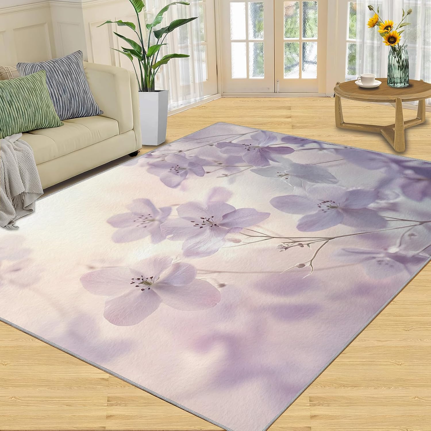 Lilac Flowers Area Rug, Simple Flowers Large Area Rugs, Non Slip Living Room Rugs for Bedroom Kitchen Dining Room Decor Floor Mat 6x8