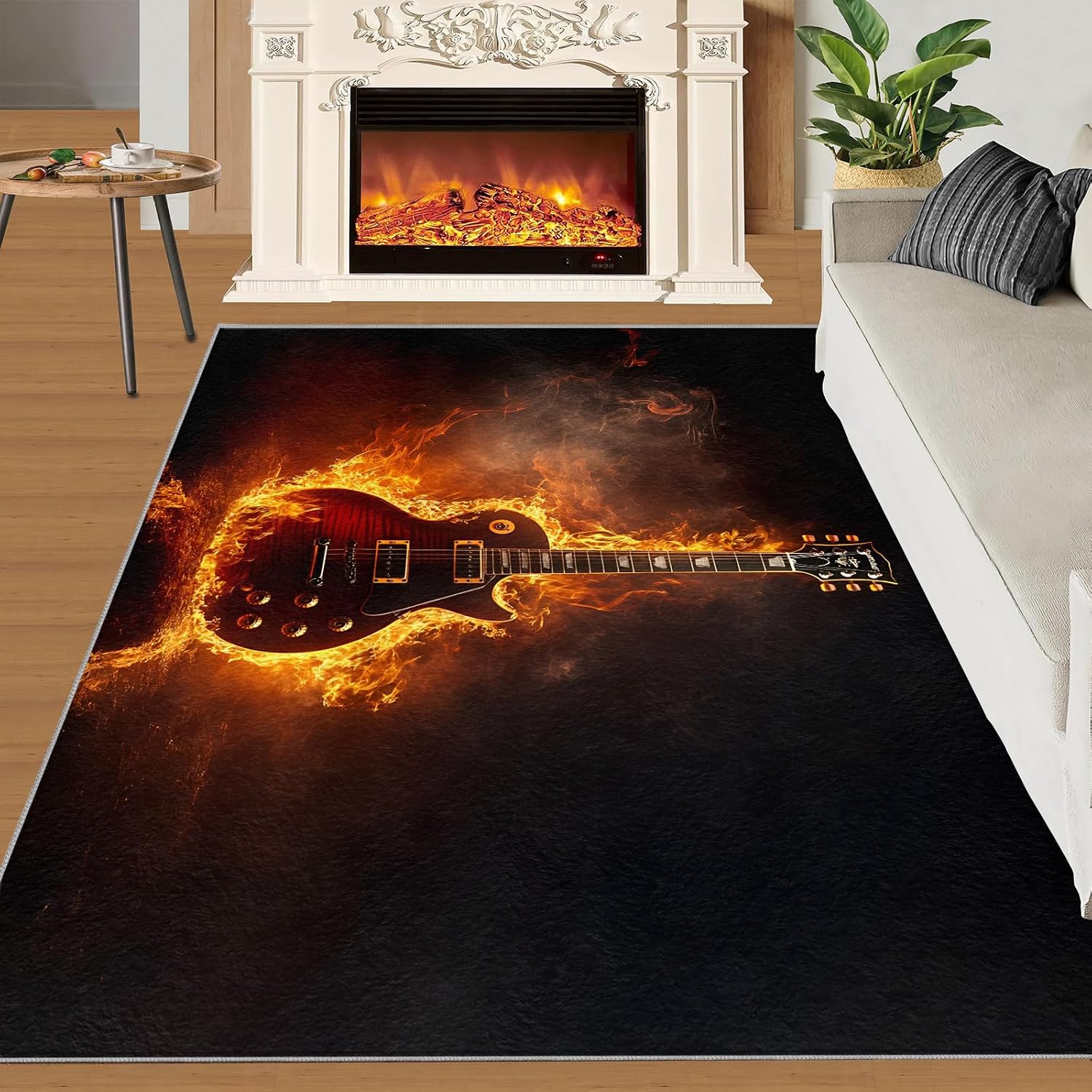 5x7 Electric Guitar Rugs for Bedroom - Flaming Guitar Print Rug, Rock Art Rug Non Slip Soft Rugs for Living Room Hardwood Floors Teen Room