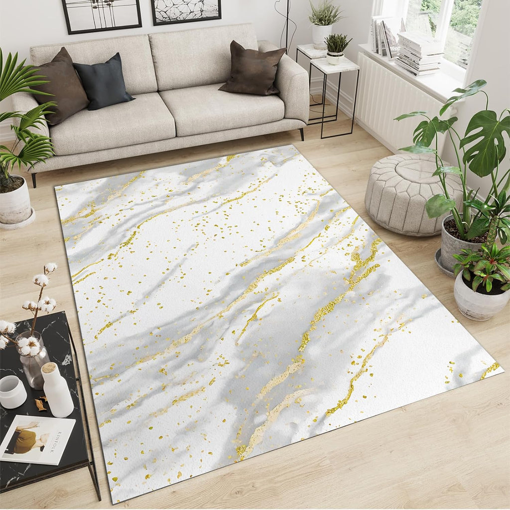 White Gray Marble Texture Area Rug, Light Luxury Gold Geometric Stripe Indoor Non-Slip Kids Rugs, Machine Washable Breathable Durable Carpet for Front Entrance Floor Decor,6 x 8ft