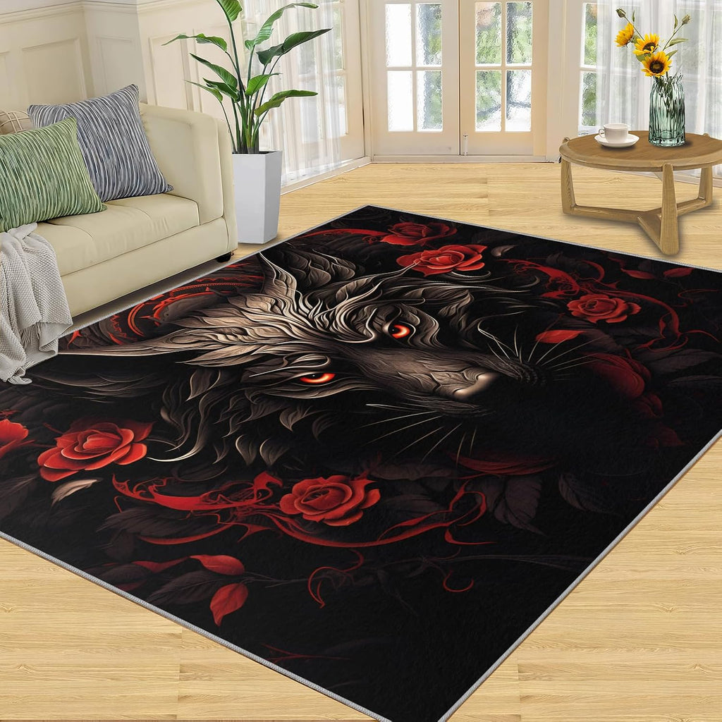 Wolf Rug for Kids Room - 6x8 Large Rug, Wolf and Red Rose Rugs for Bedroom Brown Animals Wolf Area Rugs for Living Room Home Decor Washable Rug