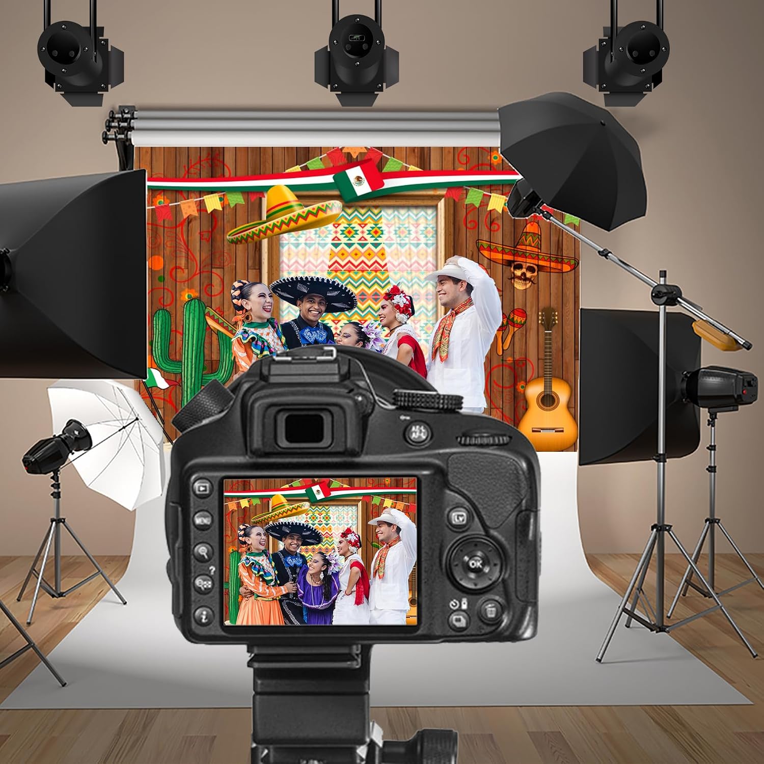 20x10ft Mexico Fiesta Photography Backdrop Wooden Mexico Cactus Guitar Flags Photography Background Cinco de Mayo Party Mexico Theme Bday Festival Banner Supplies for Kid Adults Video Studio