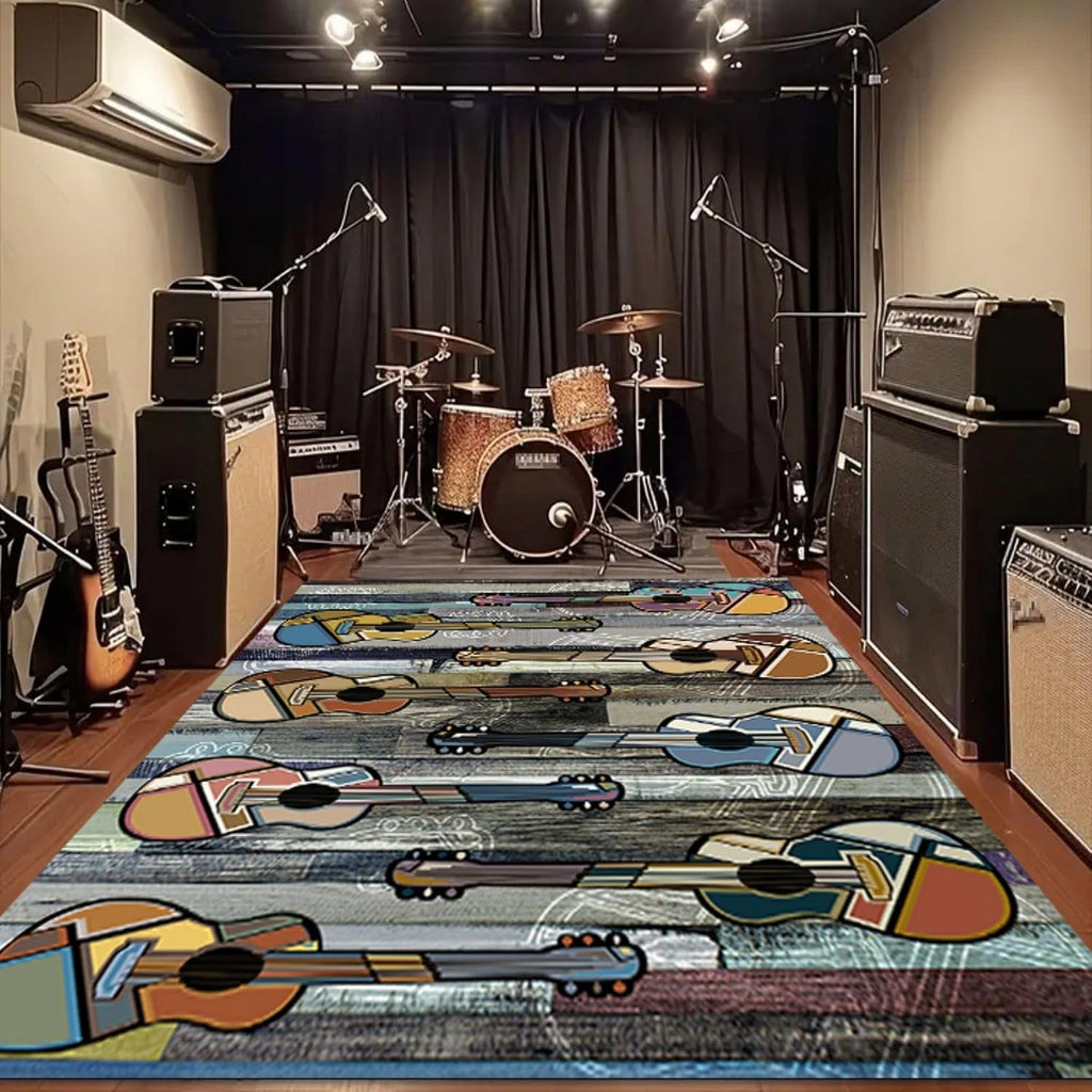 Colorful Kids Guitar Area Rug 6x8ft Multicolor Wood Grain Guitar Mat Children's Music Classroom Music Decor Non Slip Rugs Pet Friendly Cozy Home Decor Carpets for Boys and Girls
