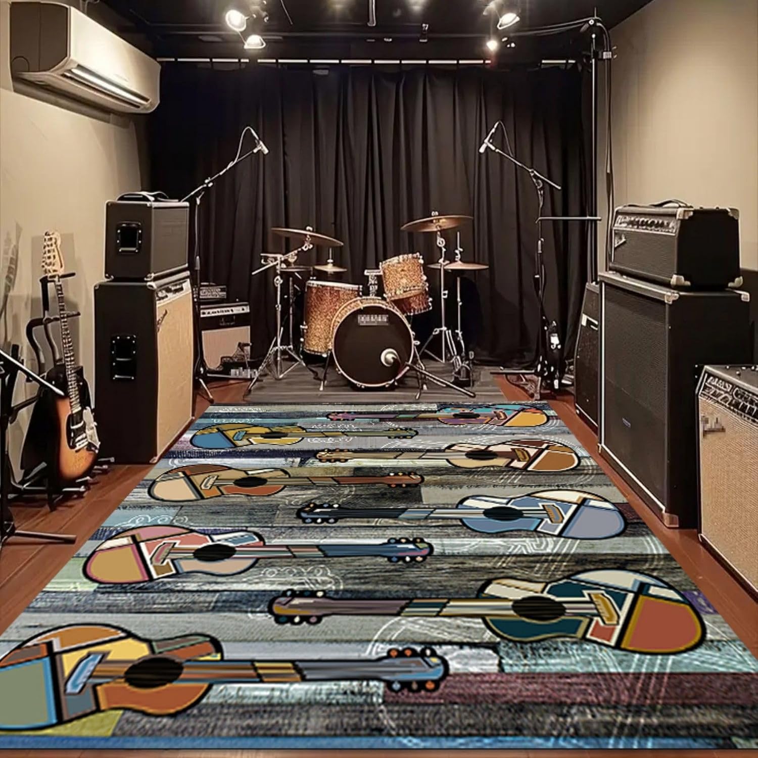 Colorful Kids Guitar Area Rug 6x8ft Multicolor Wood Grain Guitar Mat Children's Music Classroom Music Decor Non Slip Rugs Pet Friendly Cozy Home Decor Carpets for Boys and Girls