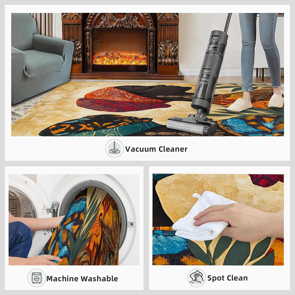 Black Women Area Rug 6x8, African Women Rugs for Living Room, Retro Ethnic Bedroom Rug, Machine Washable Rugs for Sofa Kitchen Dining, Non-Slip Home Decor Carpet