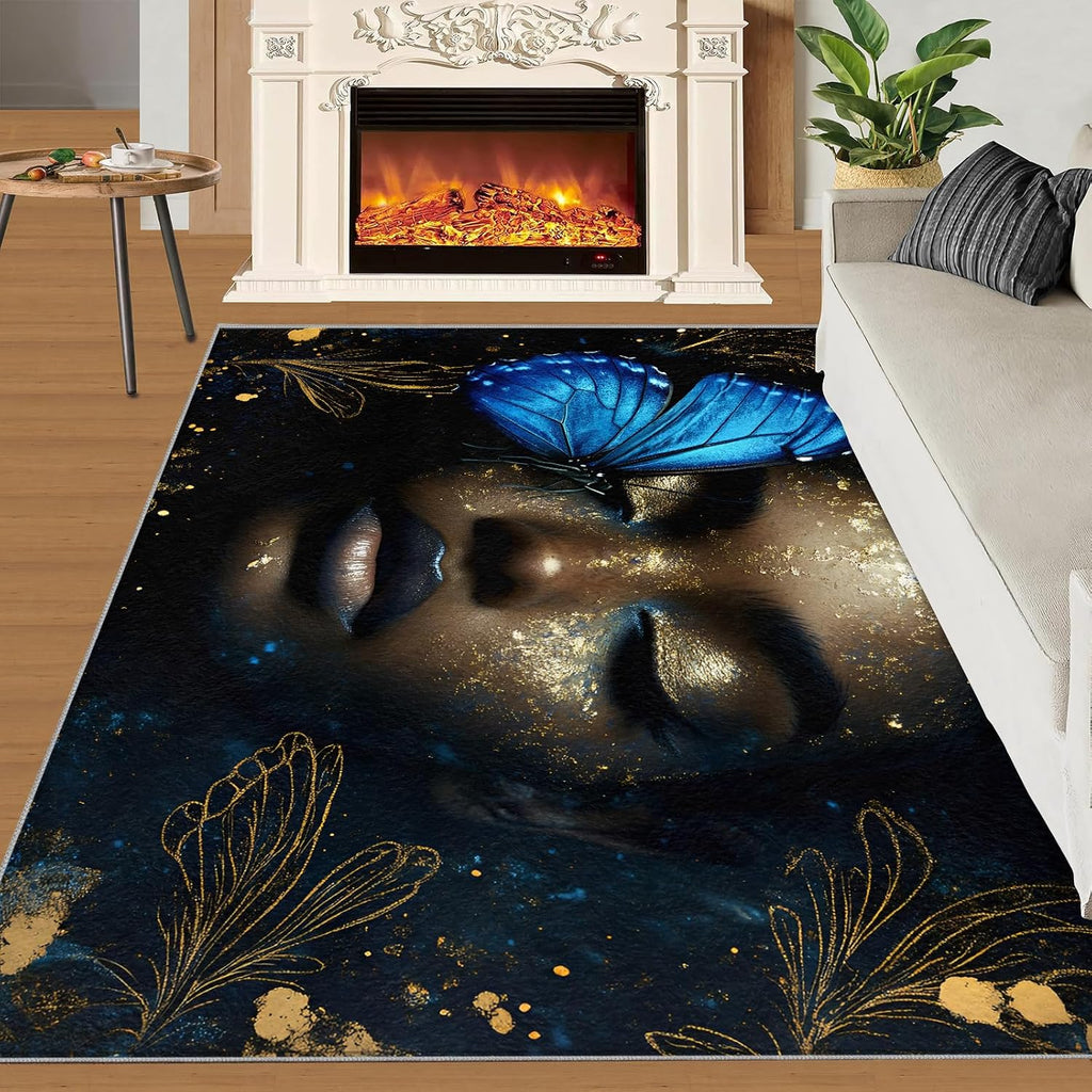 African American Woman Rug Large - 6x8 Rug, Butterfly Washable Rugs for Living Room, Fashion Carpet, Afro Black Girl Non-Slip Area Rugs for Bedroom, Modern Fashion Carpet, Black Girl Home Decor