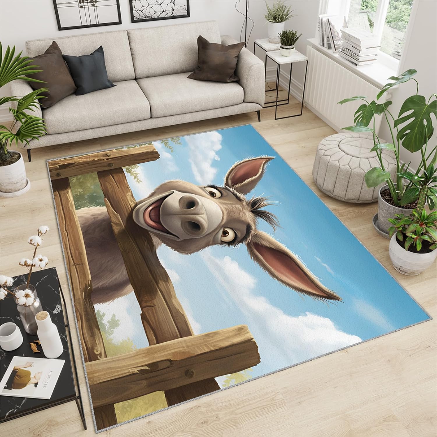 6x8 Rug Funny Donkey Art Area Rug, Smiling Donkey Decorative Rug, Easy Clean Carpet with Anti-Slip Backing for Bedroom Living Room Dining Room Office