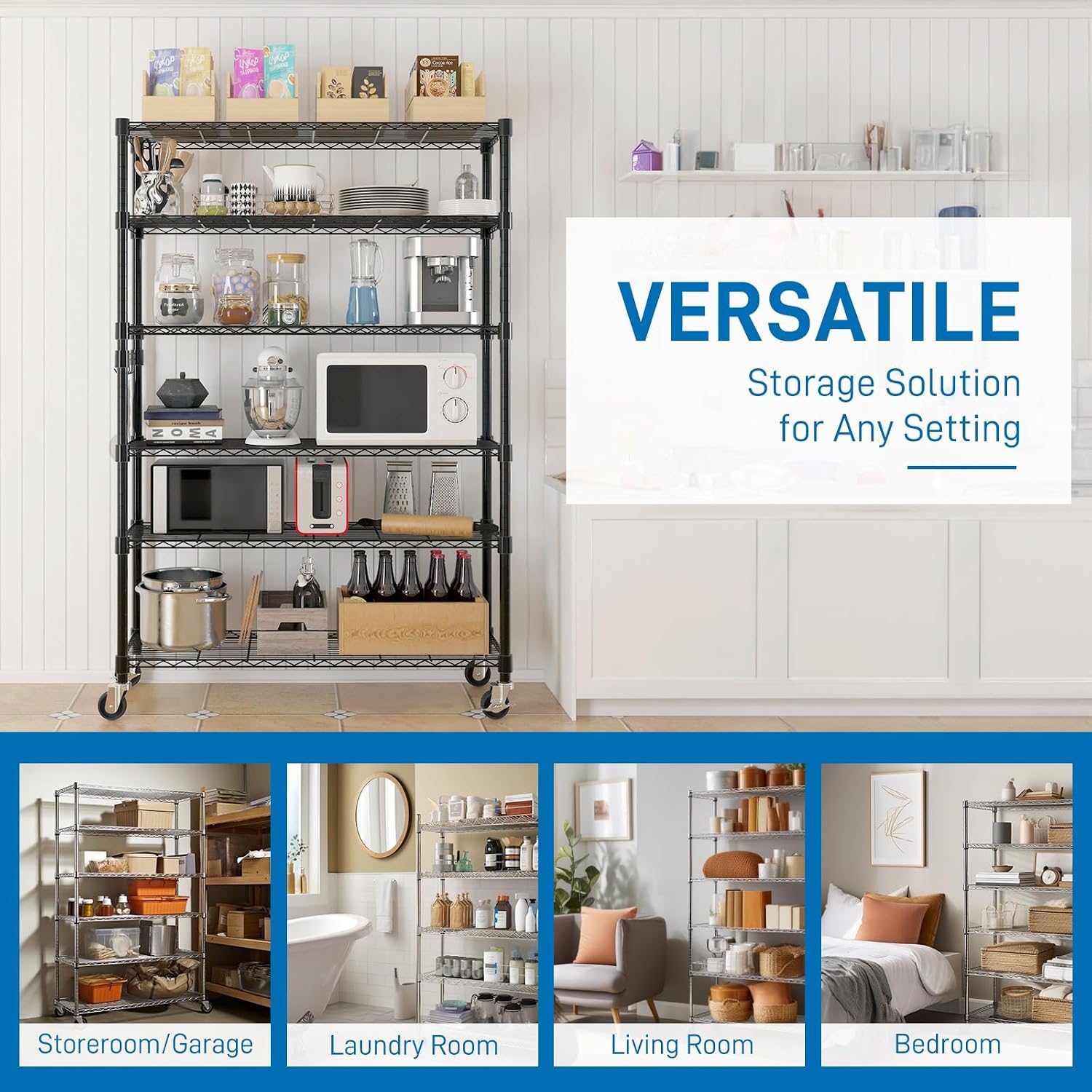 6-Tier Shelving Metal Storage Rack Adjustable Shelves,Standing Storage Shelf Units for Laundry Bathroom Kitchen Pantry Closet (Black 46.06''D × 17.72''W × 81.89''H)