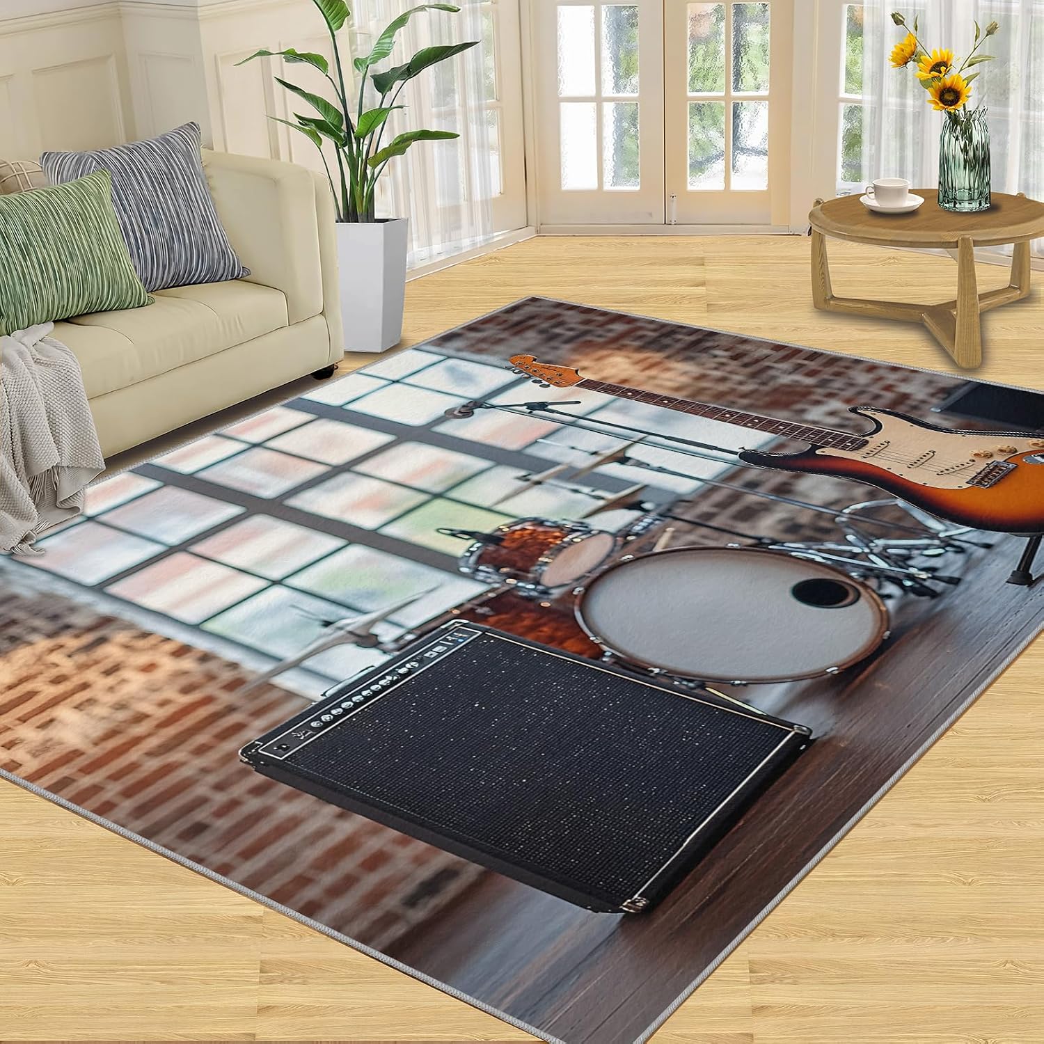 Music Area Rug Large - 6x8 Rug, Guitar Rugs for Living Room, Drum Set Area Rugs for Bedroom, Boys Washable Carpet, Music Home Decor & Gifts