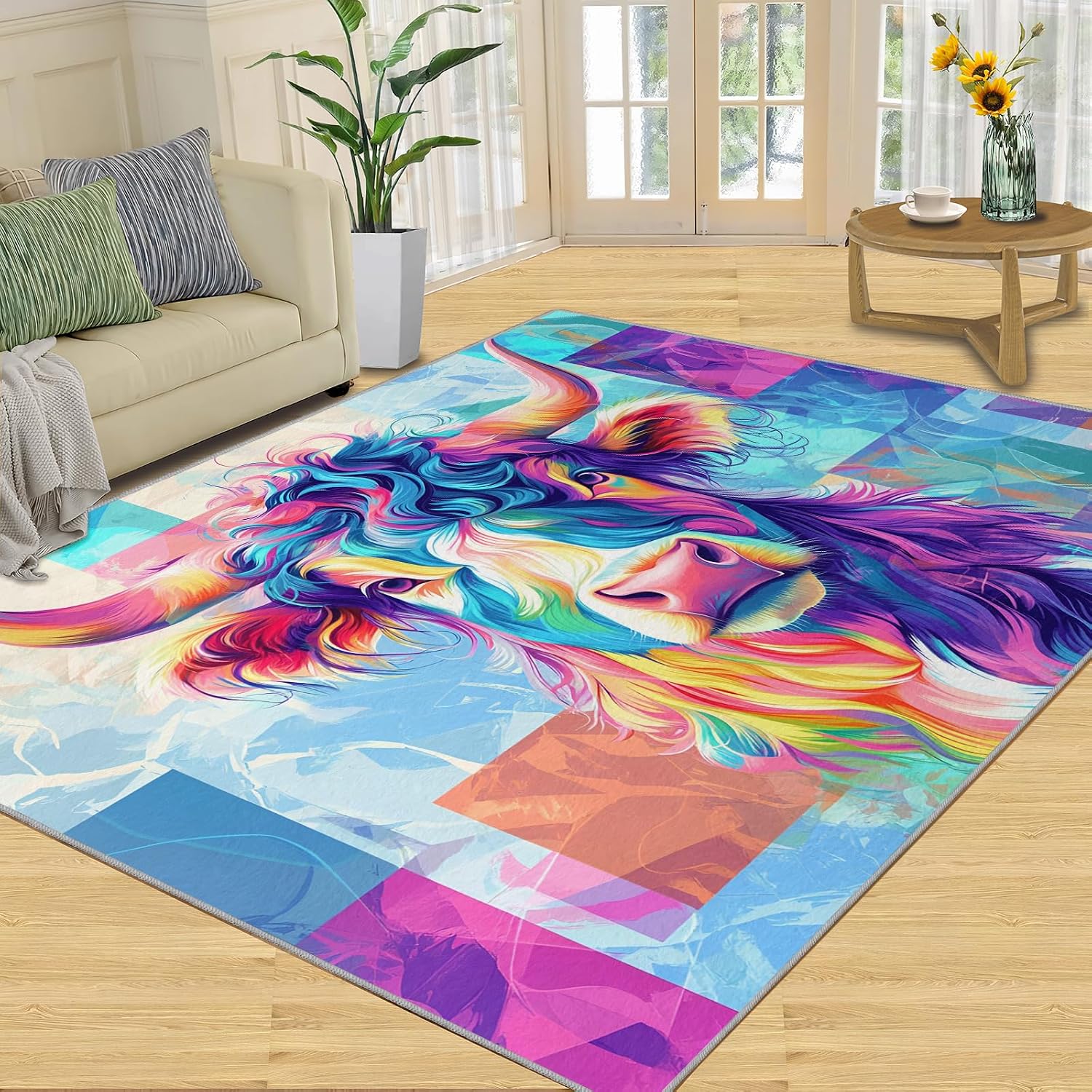 Highland Cow Rug 6x8-6x8 Rug, Western Area Rugs for Living Room Bedroom, Farmhouse Area Rugs, Modern Washable Carpet, Animal Carpet, Highland Cow Home Decor & Gifts