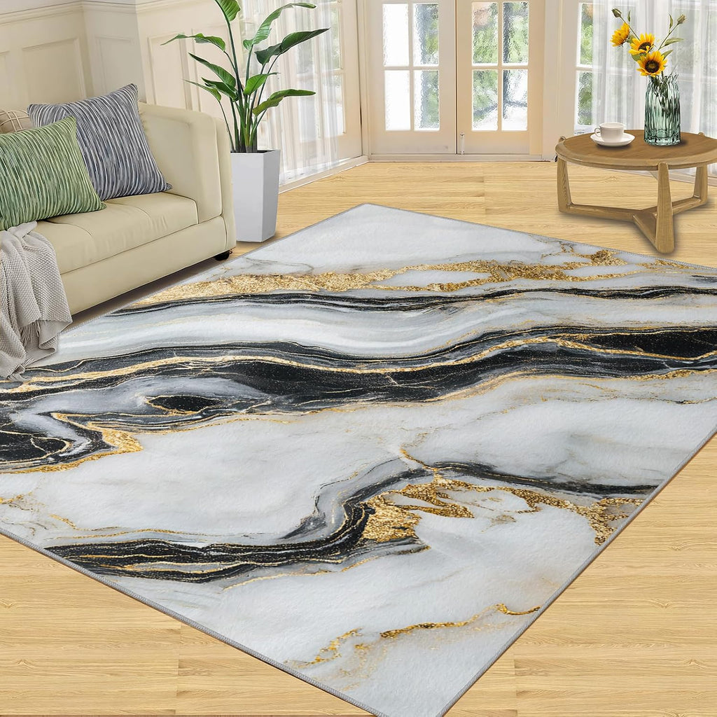 Black White Gold Marble Rugs for Bedroom - 6x8 Rug, European Style Area Rugs for Living Room, Contemporary Carpet, Abstract Washable Mat, Marble Home Decor & Gifts