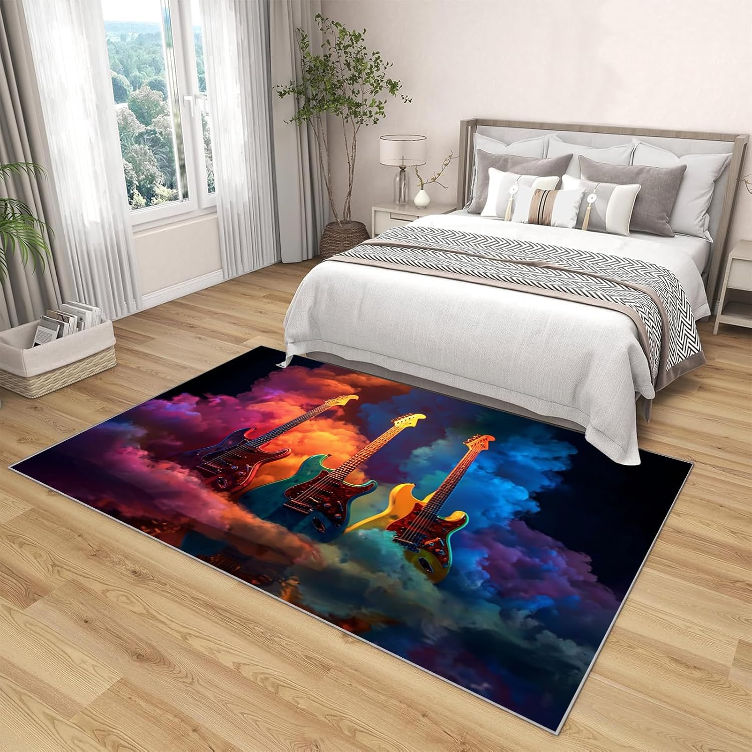 Area Rug 5' X 7' Washable Rugs Music Theme Area Rug Electric Guitar Smoke Soft Non-Slip Resistant Floor Carpets for Living Room Kids Room Home Office (Dark Blue)