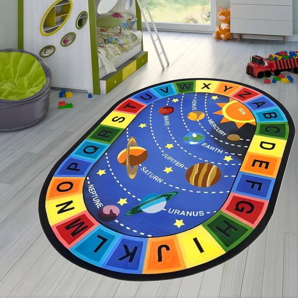 Children's Educational Learning Area Rugs,6x8ft,ABC Alphabet Planet Fun Classroom Carpet, Large Oval Non-Slip Washable Game Mat, Suitable for Children's Room Bedroom Playroom Decorative Carpet