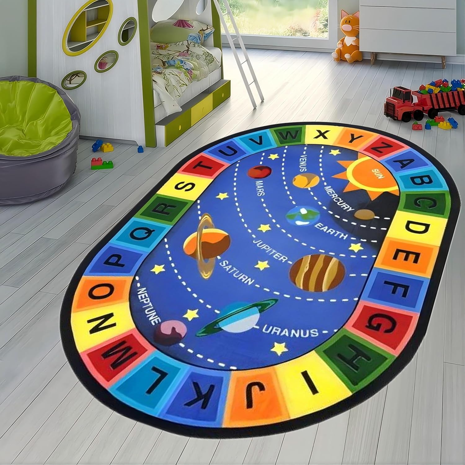Children's Educational Learning Area Rugs,6x8ft,ABC Alphabet Planet Fun Classroom Carpet, Large Oval Non-Slip Washable Game Mat, Suitable for Children's Room Bedroom Playroom Decorative Carpet
