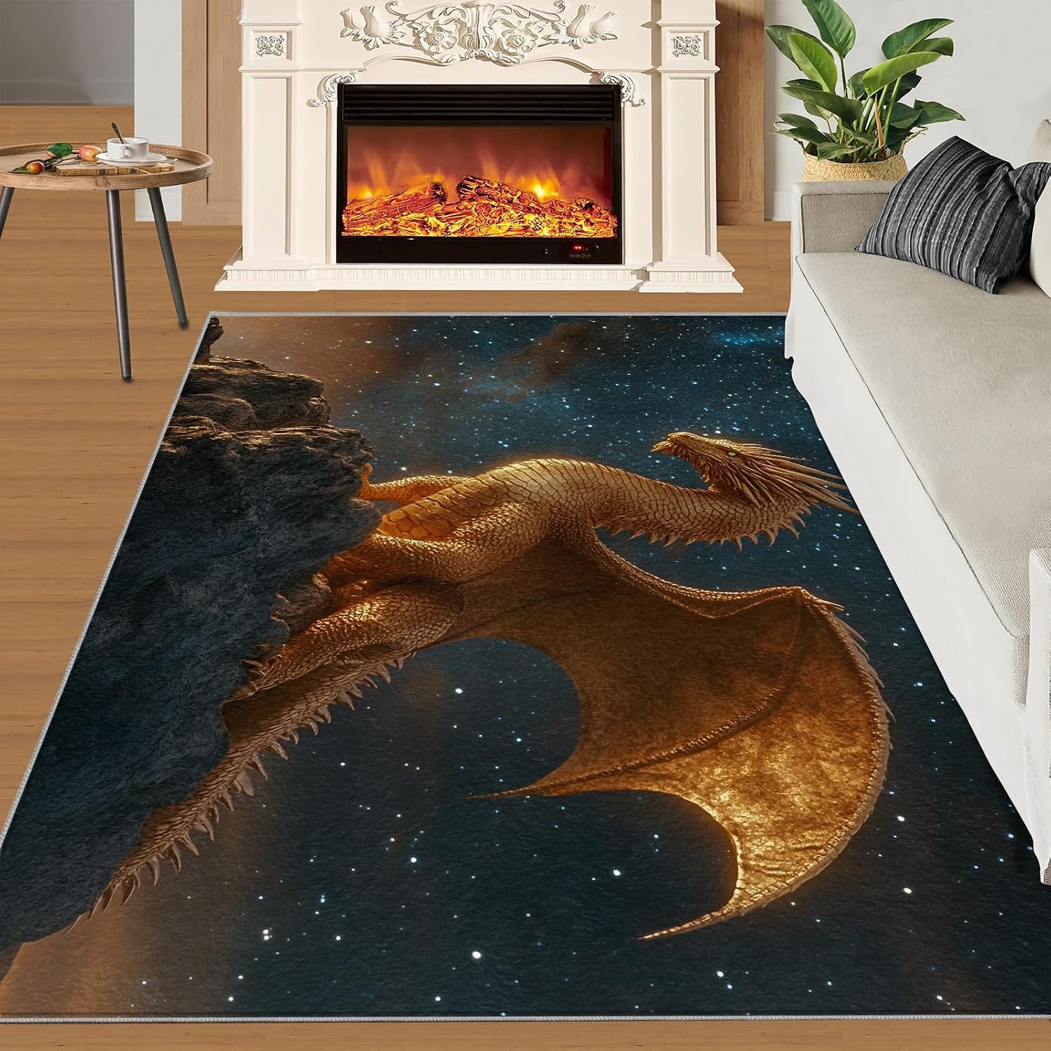 Dragon Rug 6x8, Golden Dragon Rugs for Boys Room, Mythical Creatures Area Rugs for Bedroom, Low Pile Non Slip Carpet for Computer Game Room Dormitory Decor
