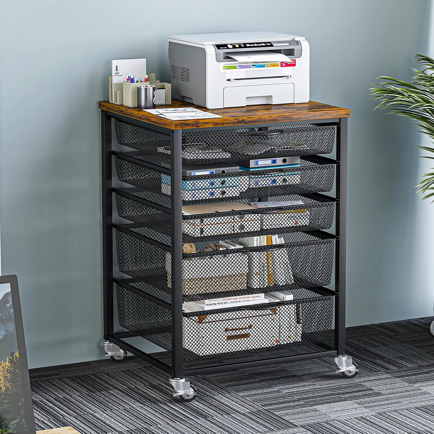EasyCom 20.8'x18.9' Large Printer Stand with 5 Drawers- Heavy Duty Printer Table with Wheels, Laser Printer Cart for Home Office Living Room Supplies-Rustic Brown (Rustic Brown)