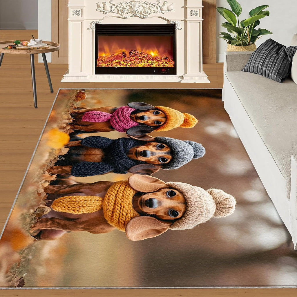 Dachshund Rugs for Bedroom, Autumn Fashion Rug 6x8, Dog Portrait Dining Room Rugs Washable & Non Slip Large Carpet for Home Decor