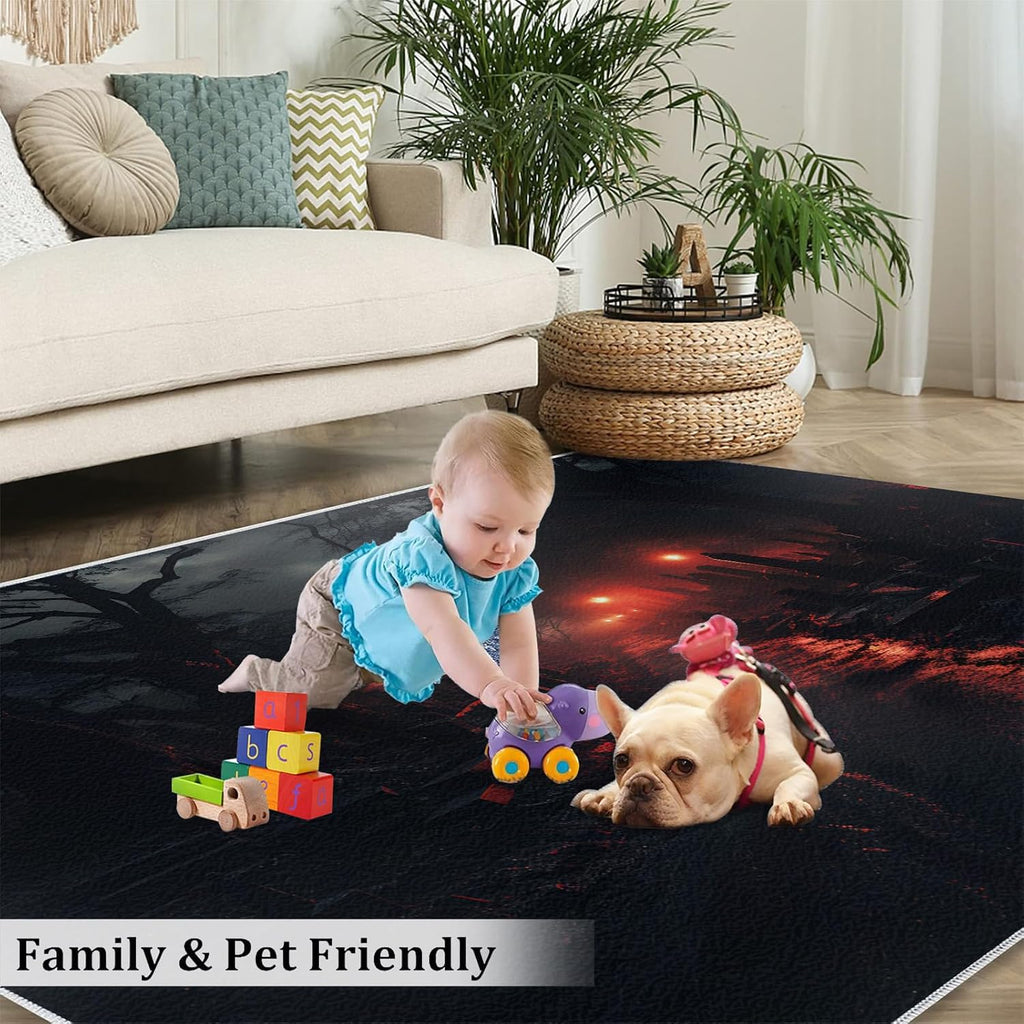Cityscape Rug for Kids Room - 6x8 Large Rug, Natural Disaster Rugs for Bedroom Forest Night Scene Area Rugs for Living Room Home Decor Washable Rug