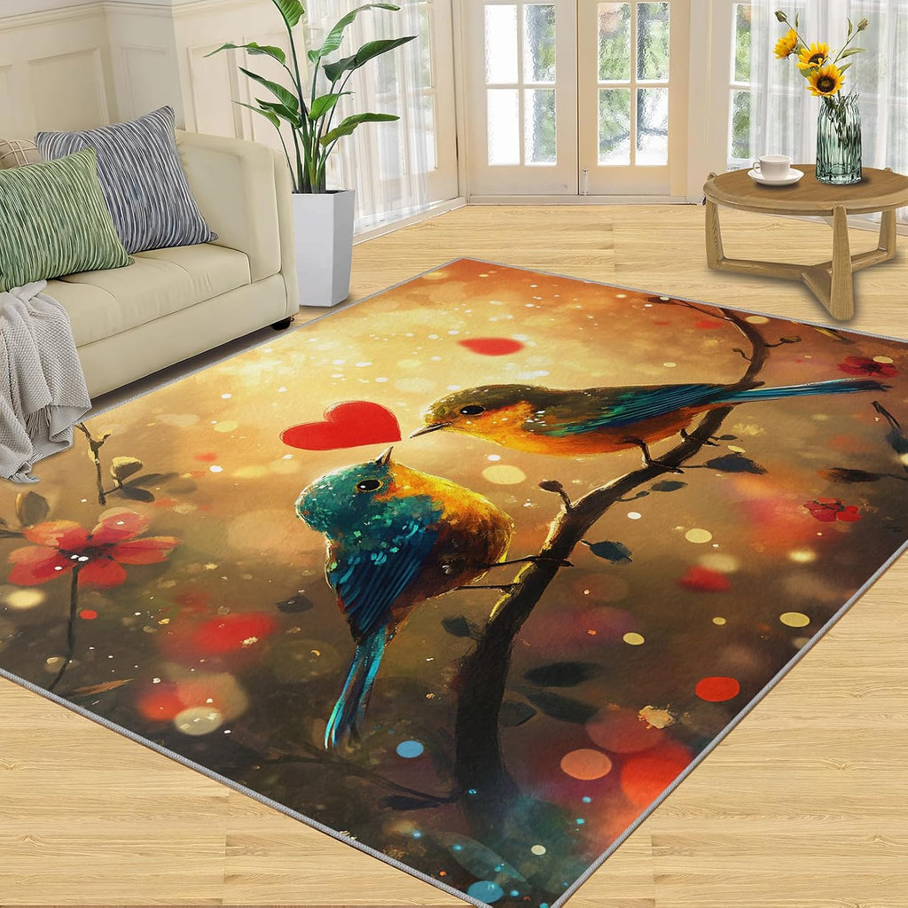 6x8 Birds Area Rug - Romantic Birds Large Rugs for Living Room, Hearts Carpet Area Rug for Girls Bedroom Kids Room Basement Office Classroom