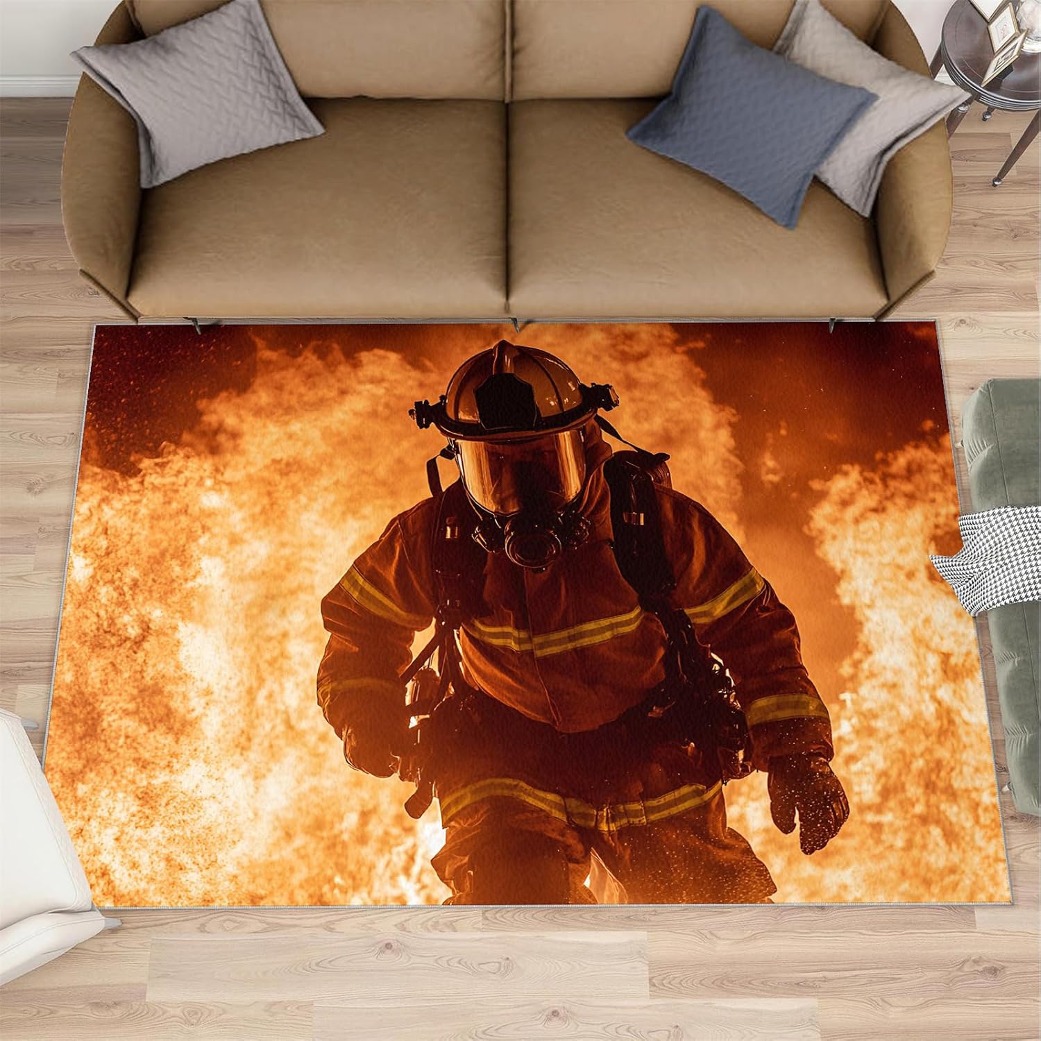 Firefighters Rugs for Living Room 6x8 Rug, Fire Theme Area Rug, Hero Firefighters Rugs, Large Machine Washable Rug, Non-Slip Floor Carpet for Bedroom Kids Room Home Decor