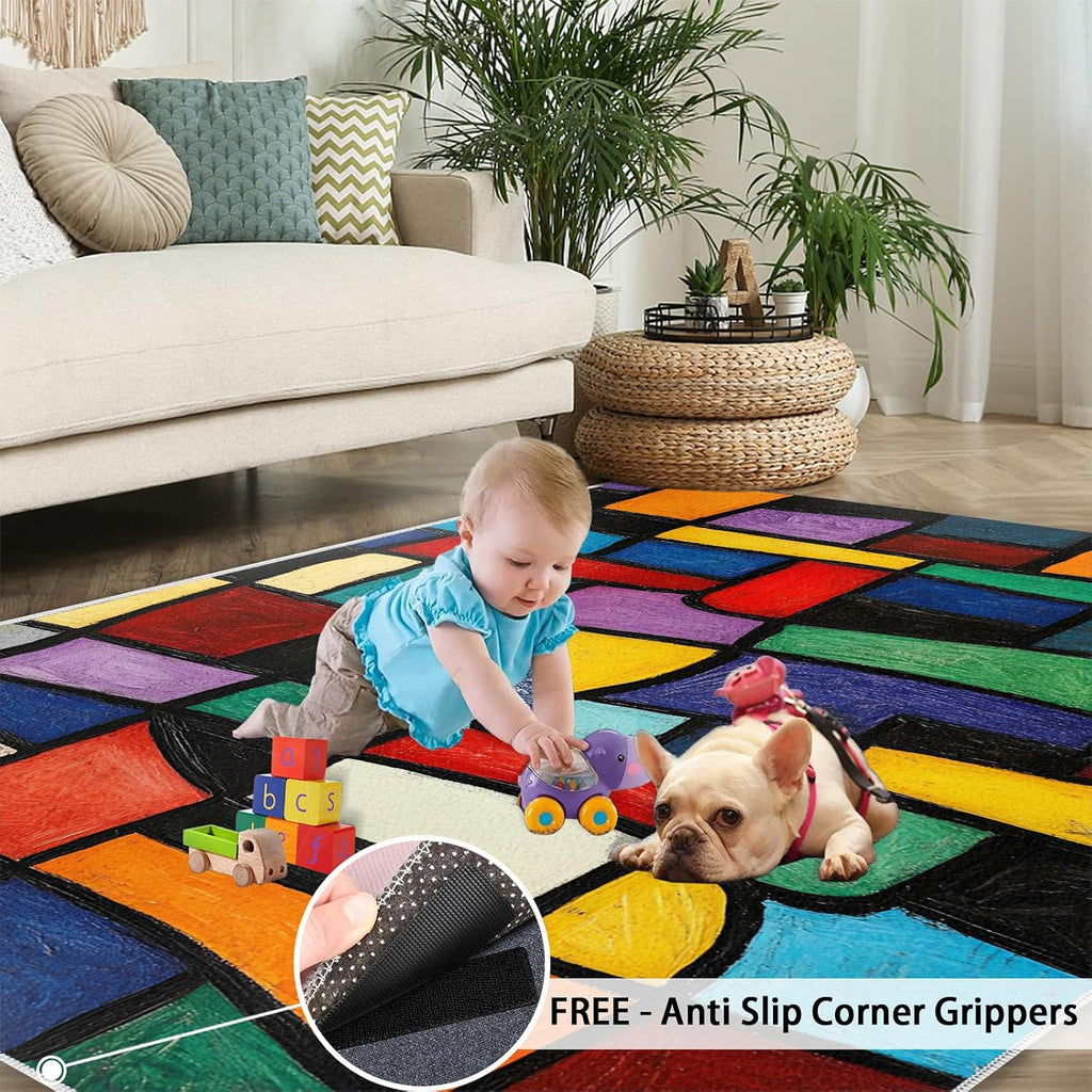 Colorful Geometry Area Rug, Geometric Color Blocks Rugs for Living Room, Low Pile Soft High Traffic Rugs for Bedroom Children's Room Dormitory Decor Floor Mat 6x8