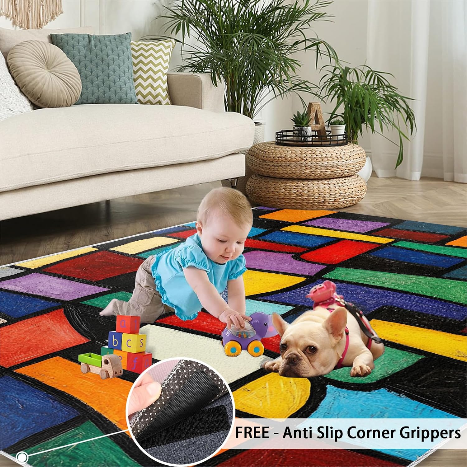 Colorful Geometry Area Rug, Geometric Color Blocks Rugs for Living Room, Low Pile Soft High Traffic Rugs for Bedroom Children's Room Dormitory Decor Floor Mat 6x8