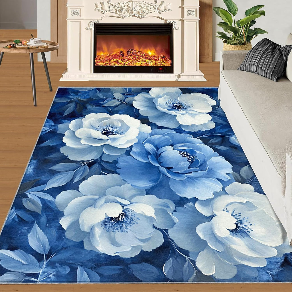 6x8 Blue-Florals Classroom Rugs - Peony Playroom Rug, Natural Flowers Carpet Area Rug for Girls Bedroom Kids Room Basement Office Classroom