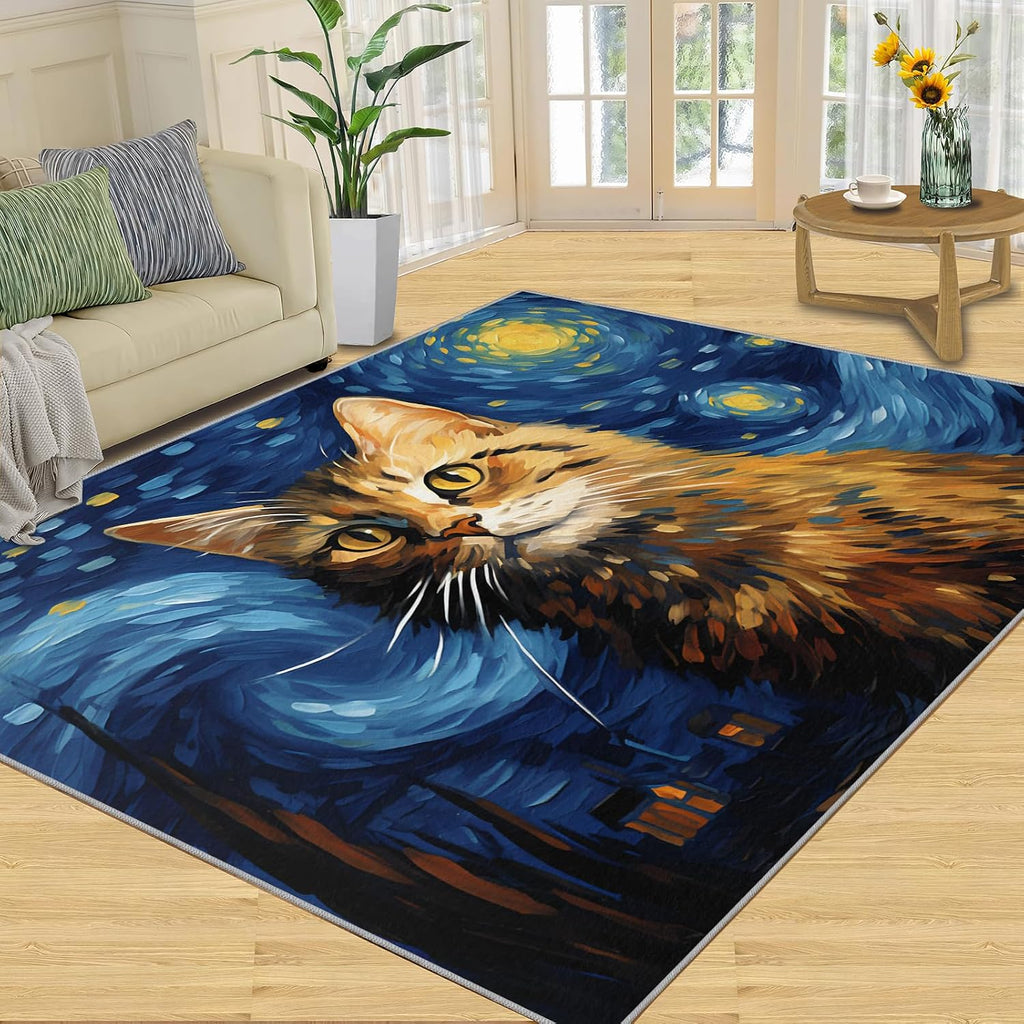 6x8 Area Rug - Starry Sky Norwegian Forest Cat Large Rugs for Living Room, Post-Impressionist Art Painting Carpet Area Rug for Girls Bedroom Kids Room Basement Office Classroom