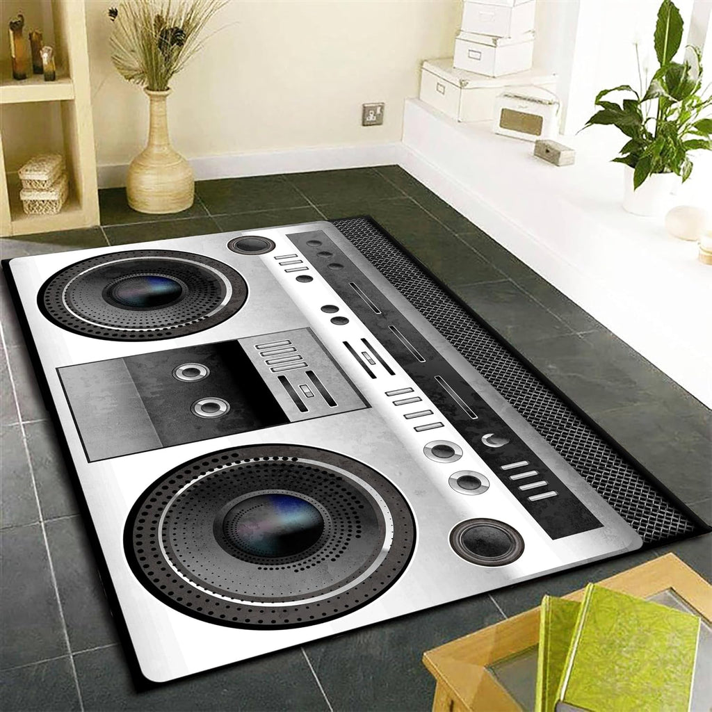 Retro Speaker Area Carpet, 6x8ft, Boombox Audio Bedroom Rug, Music Record Machine Washable Home Decor Mat, Absorbent Thin Low Pile Washable Rugs for Indoor Study Room