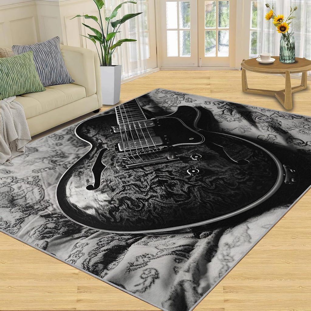 Black Guitar Rug for Bedroom 6x8 Rug Vintage Guitar Rugs, Music Instrument Home Decor, Non Slip Washable Large Rugs, Rock Music Carpet for Boys and Girls Teen Playroom