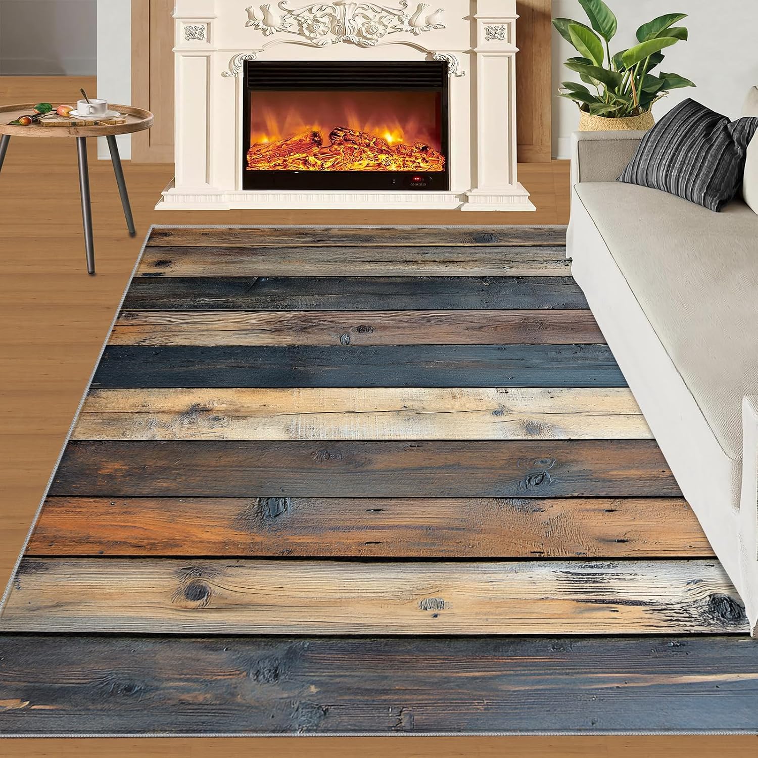 Board Rug 6x8, Imitation Wood Rugs for Bedroom, Retro Farmhouse Rugs for Living Room, Washable Area Rug for Boys Girls Bedroom, Low Pile & Non Slip Carpet