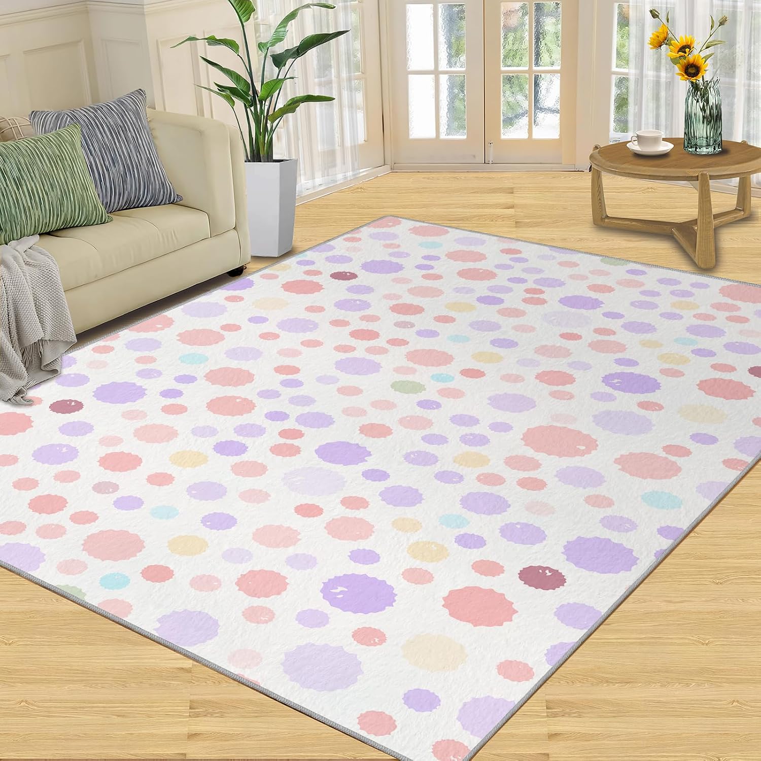 Cute Colorful Polka Area Rug, Dot Print Design Rugs for Living Room, Indoor Non-Slip Kids Rugs, Machine Washable Breathable Durable Carpet for Front Entrance Floor Decor,6 x 8ft