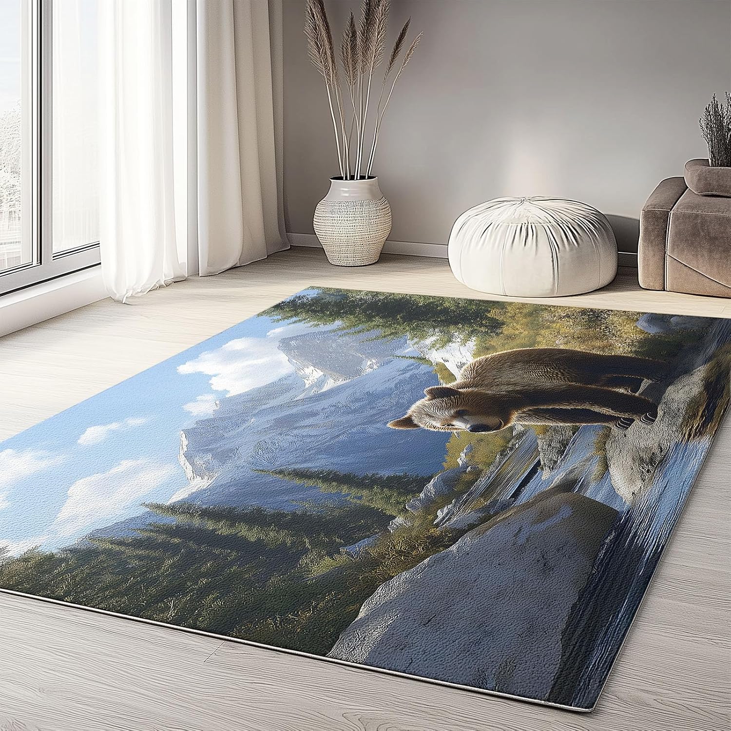 Throw Area Rugs Machine Washable, Living Room 6 x 8 ft Bedroom Anti-Slip Rug, Kitchen Laundry Room Hallway Porch for Home Decor, Low-Pile Soft Animal Brown Bear Cub Carpet Multicolor