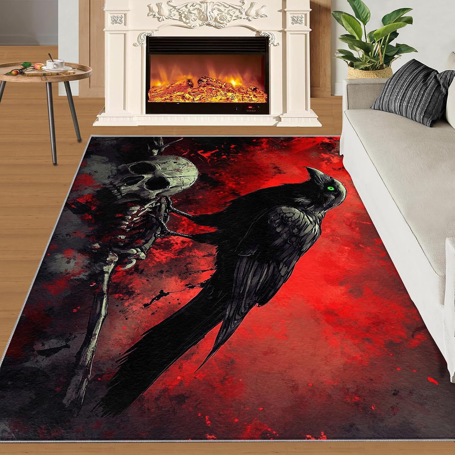 Crow Rug 6x8, Skeleton Rugs for Boys Room, Blood-Red Terror Area Rugs for Bedroom, Low Pile Non Slip Carpet for Computer Game Room Dormitory
