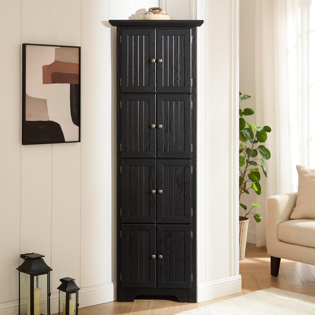 72' Sturdy Freestanding Storage Cabinet, Kitchen Storage Bakers Rack with Tiered Shelves, Utility Food Cupboard with Spacious Doors for Kitchen, Bathroom, Living Room, Black