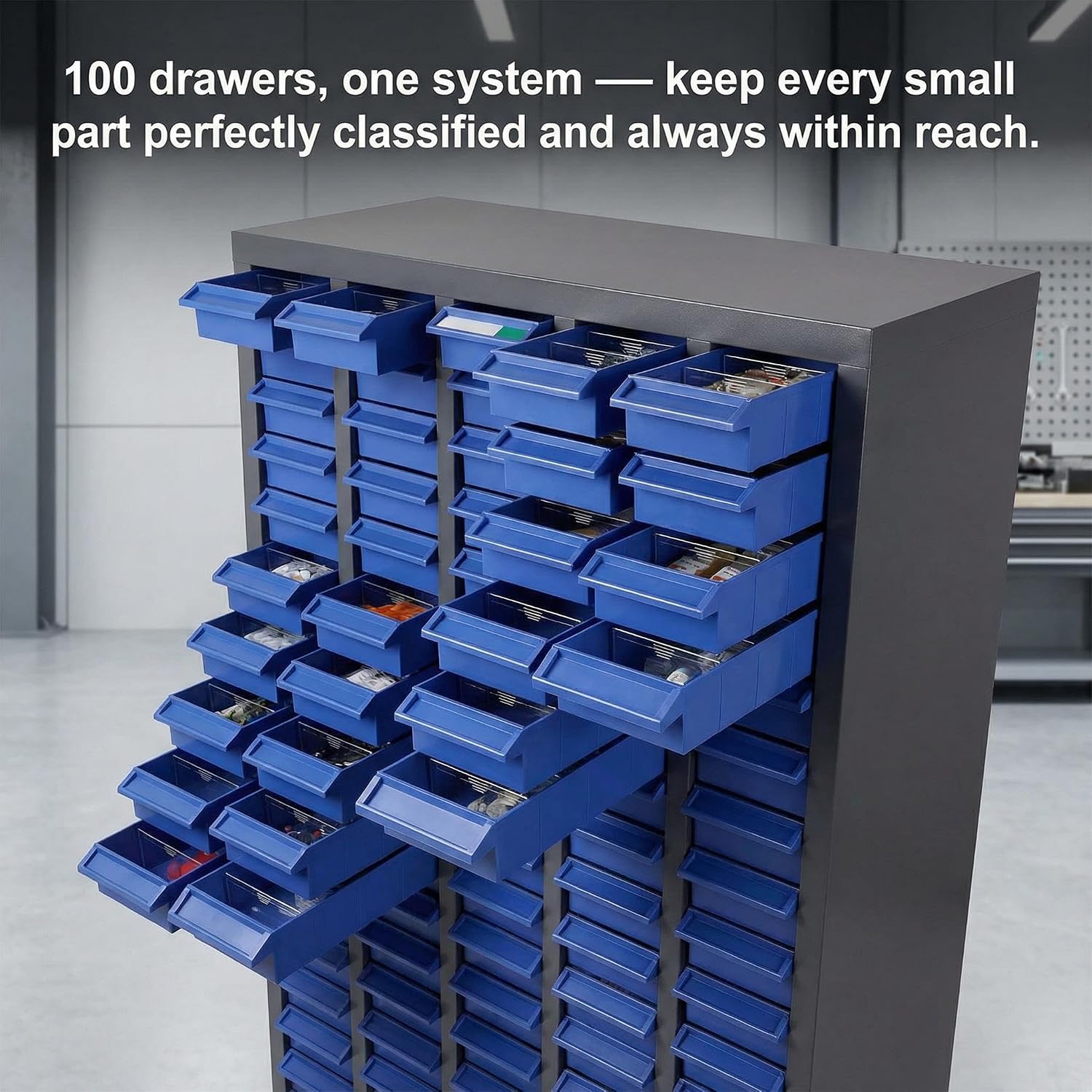 100 Drawers Parts Cabinet for Small Parts, Alloy Steel Nut and Bolt Organizer with ABS Drawers, Heavy Duty Bolt Bin Storage Cabinet with Shelves for Garage, Workshop & Home