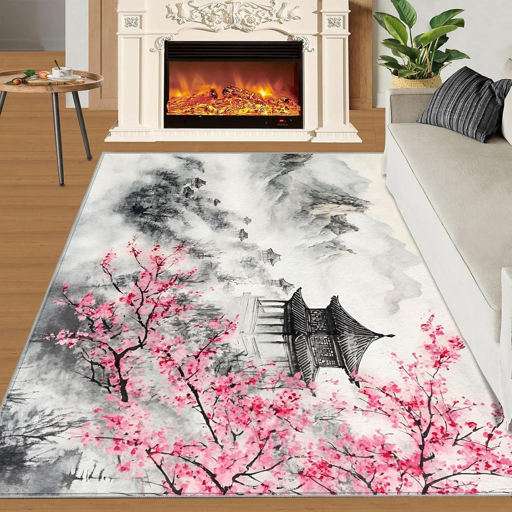 Japanese Rugs for Bedroom - 6x8 Rug, Cherry Blossom Area Rugs for Living Room, Ink Painting Mountains Carpet, Oriental Washable Mat, Japanese Home Decor & Gifts