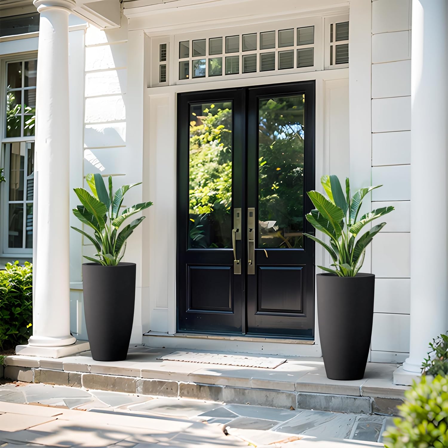 Kante 23.6' H Black Finish Concrete Tall Planters Large Outdoor Indoor Decorative Plant Pots with Drainage Hole and Rubber Plug, Modern Tapered Style for Home and Garden