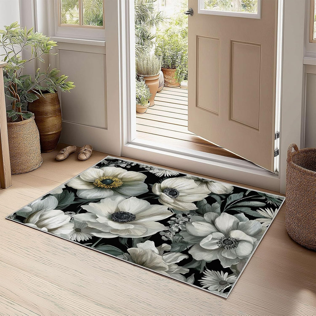 Watercolor Flowers Plants Low-Pile Washable Area Rug 5 x 7 ft, Elegant Luxury Bedroom Non-Slip Carpet Non-Shedding Living Room Rugs Floor Carpet for Kids Nursery Room Office Dining Room