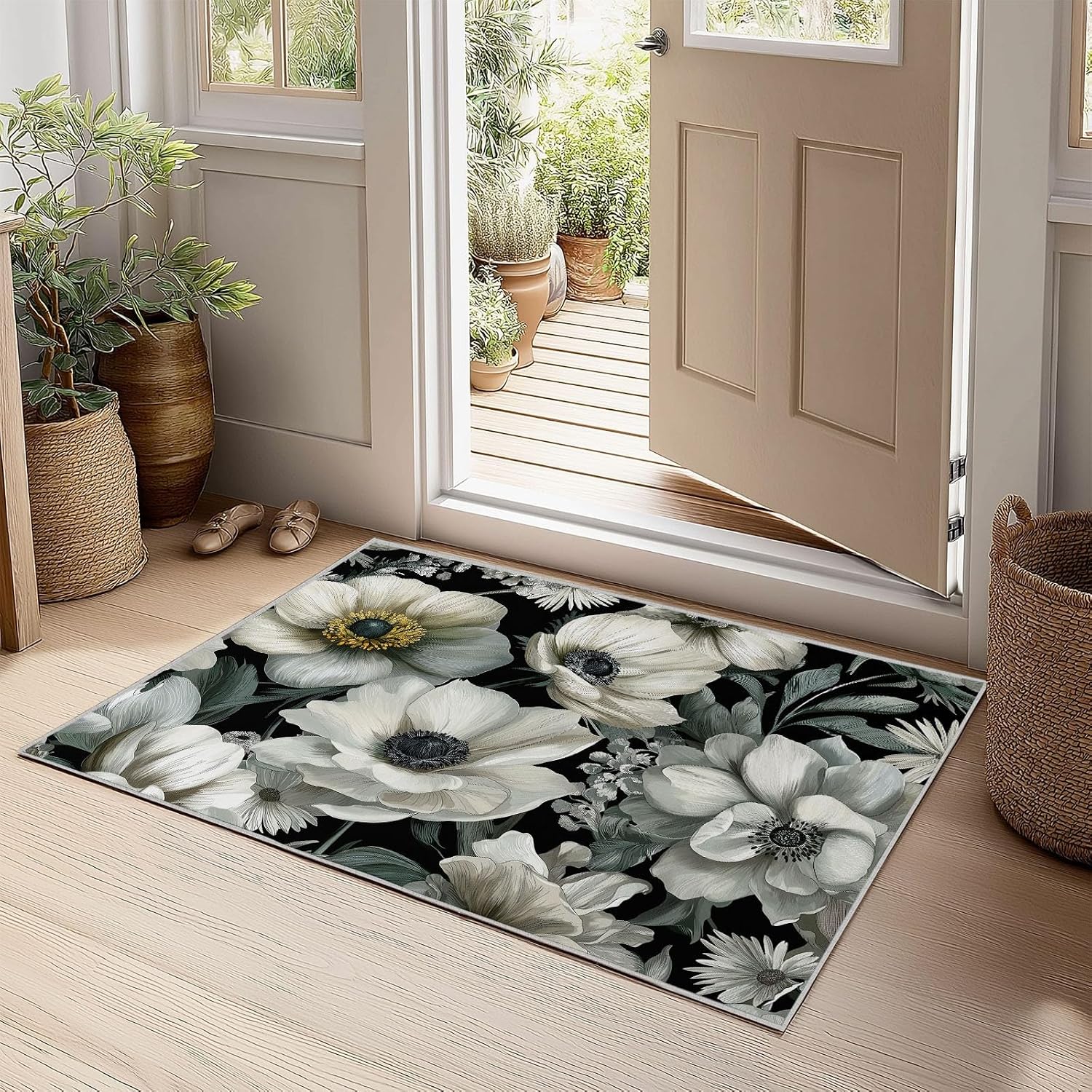 Watercolor Flowers Plants Low-Pile Washable Area Rug 5 x 7 ft, Elegant Luxury Bedroom Non-Slip Carpet Non-Shedding Living Room Rugs Floor Carpet for Kids Nursery Room Office Dining Room