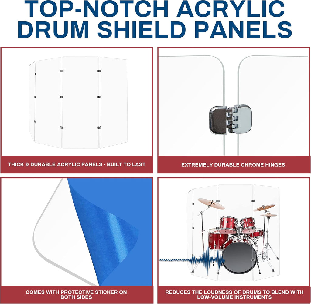 PENNZONI Drum Shield 6ft w/Chrome Hinges, Comes w/ 4 Drum Panels, & 9 Chrome Hinges, Premium Clear Acrylic Panels, Drum Screen