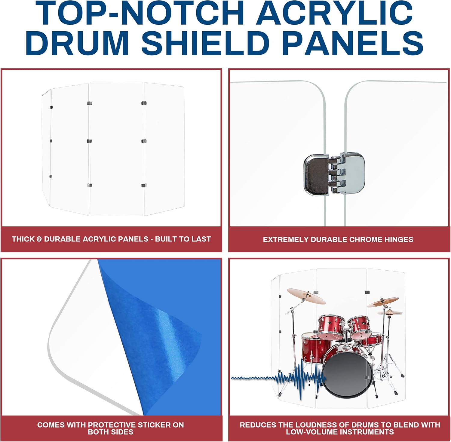 PENNZONI Drum Shield 6ft w/Chrome Hinges, Comes w/ 4 Drum Panels, & 9 Chrome Hinges, Premium Clear Acrylic Panels, Drum Screen
