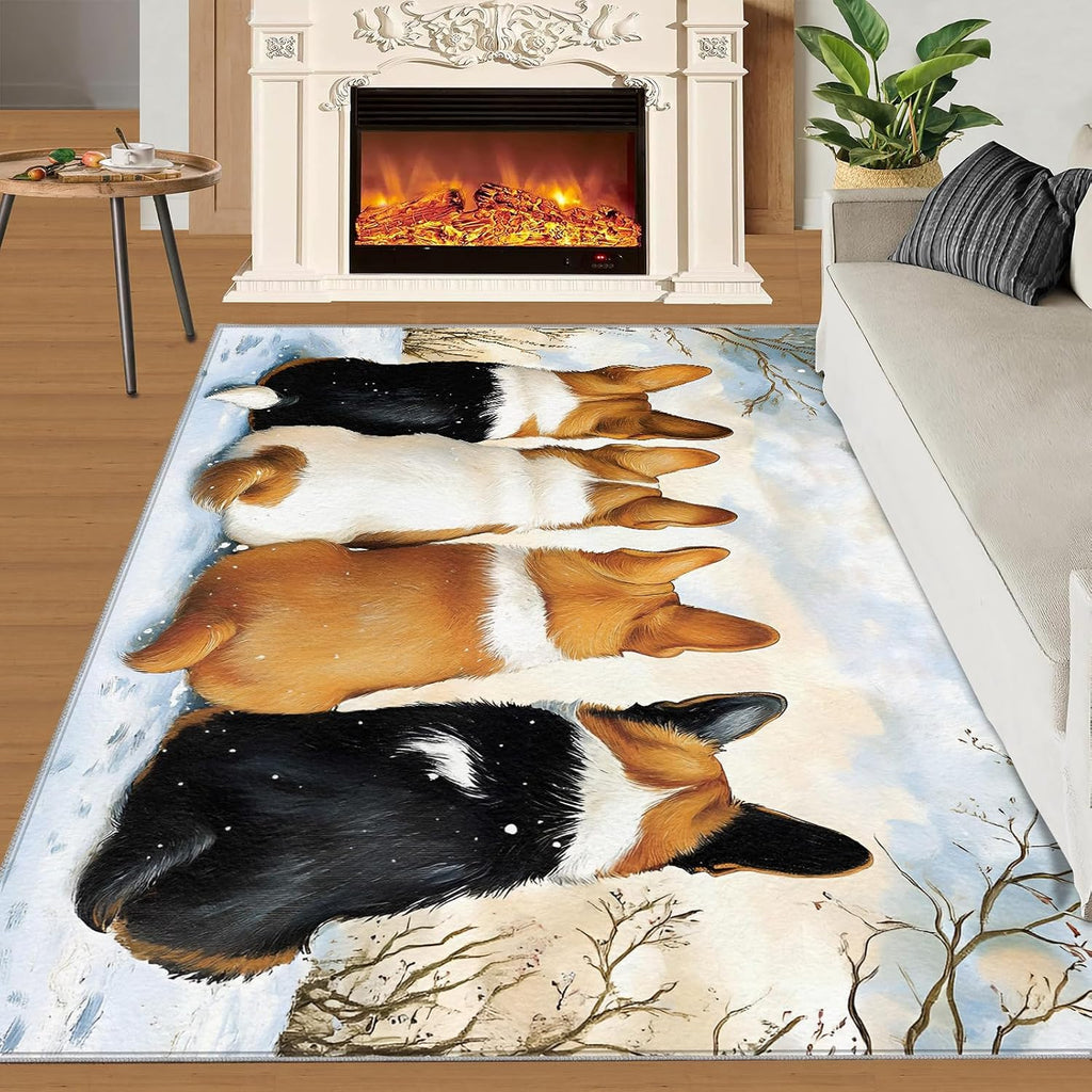Dog Print Rugs for Living Room, Corgi Puppy Rug, Animal Prints Washable Rugs for Bedroom, Low Pile & Non Slip, Indoor Carpet, 6x8 Area Rug & Home Decor