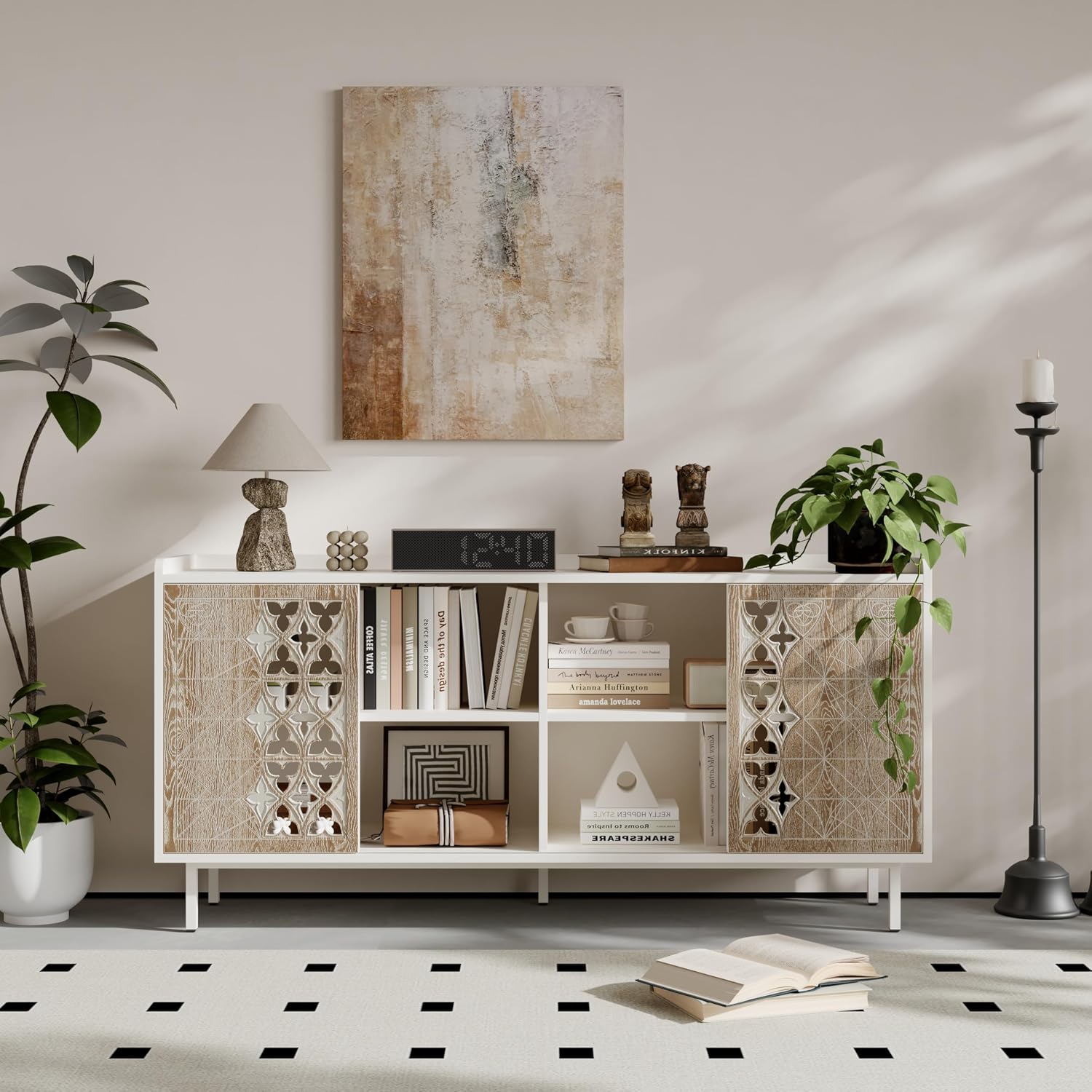 59' Rustic Solid Wood Freestanding Storage Cabinet, Kitchen Storage Bakers Rack with Sliding Doors, Utility Food Cupboard with Ample Storage for Living Room and Kitchen, White+Vintage