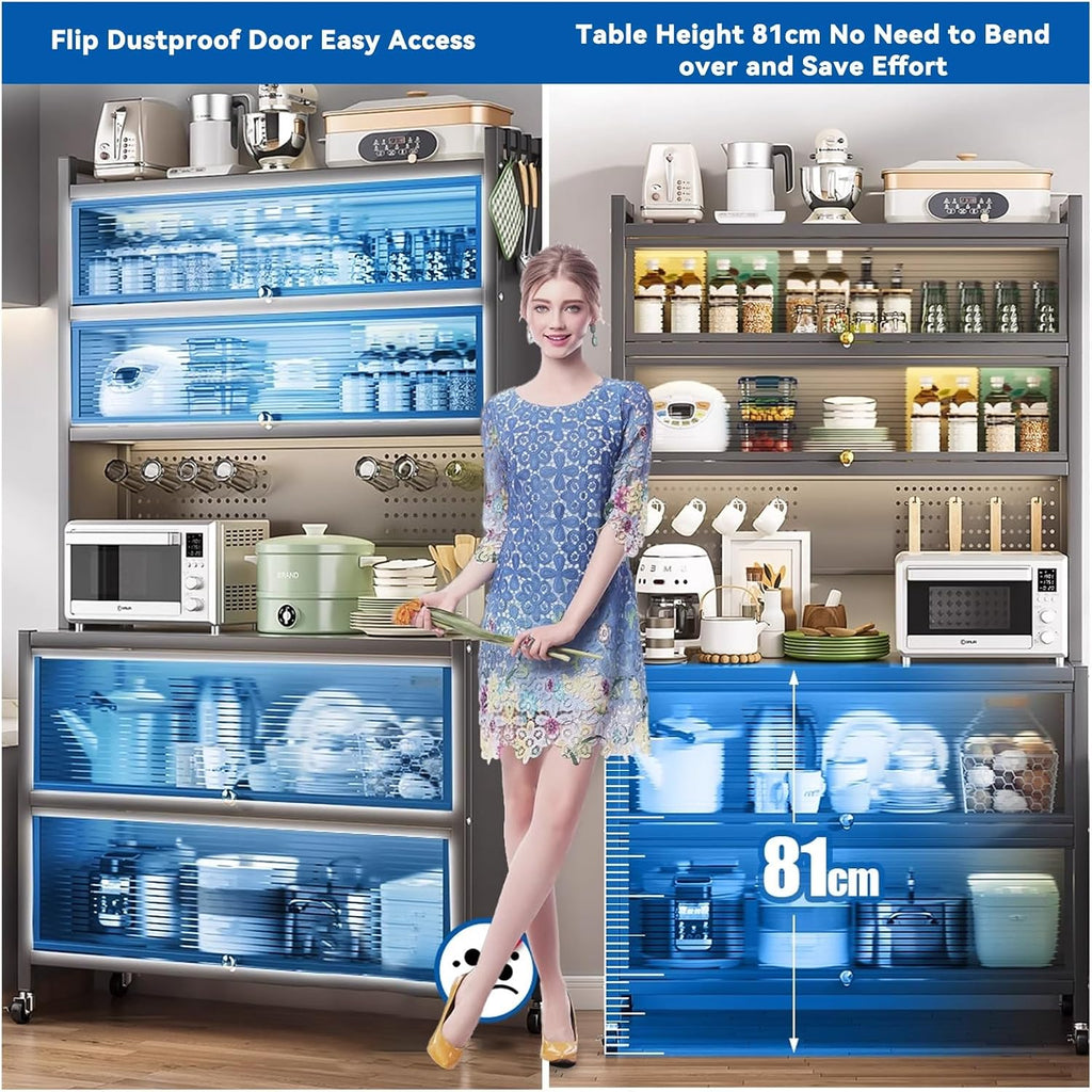 Free Standing Bakers Rack 6-Tier Kitchen Units Kitchen Storage Shelves Large Metal Kitchens Rack with Flip Door and Pegboard and Wheels & 8 Hooks(Gray,L-80CM/31.5IN)