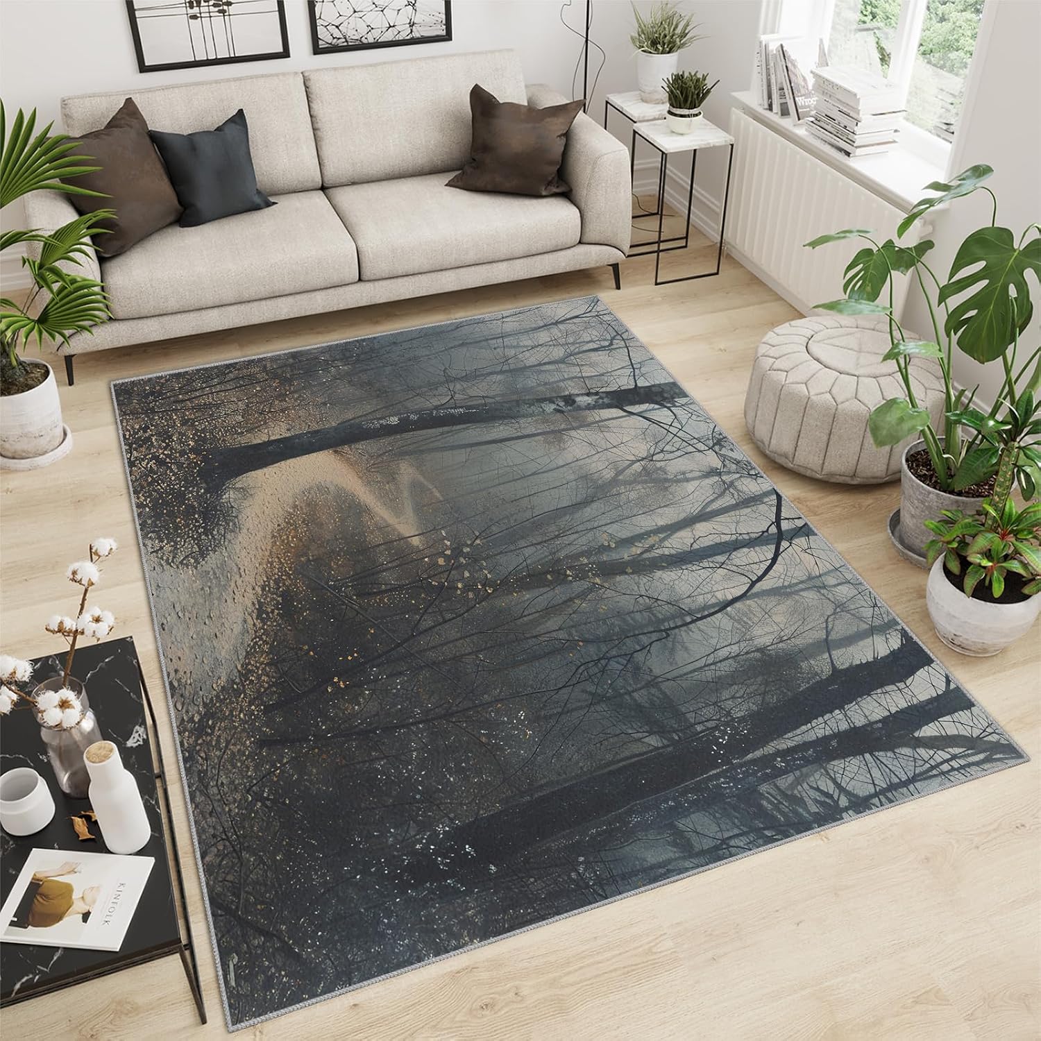 Area Rug 6x8ft, Forest Dead Wood Area Rugs, Nature Plants Theme Rug for Living Room, Indoor Carpet Easy Clean Floor Mat Rug for Bedroom Bedside Under Kitchen Table